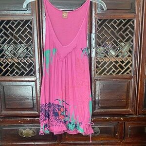 Bright Pink Scoop-Neck Tank with Teal & Navy Print